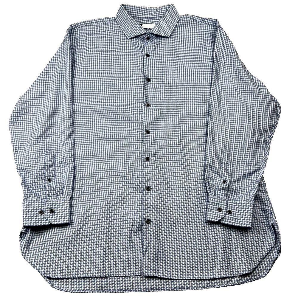 Broletto Dress Shirt Mens 18.5 White Blue Herringbone Pleated Trim Fit Business